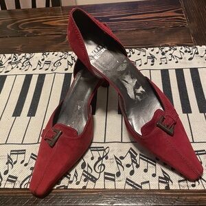 Stuart Weitzman Red Suede D’Orsay Brass Buckle Kitten Heels